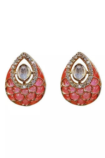 Women pink gold-plated ad-studded teardrop pendant with earrings jewellery set