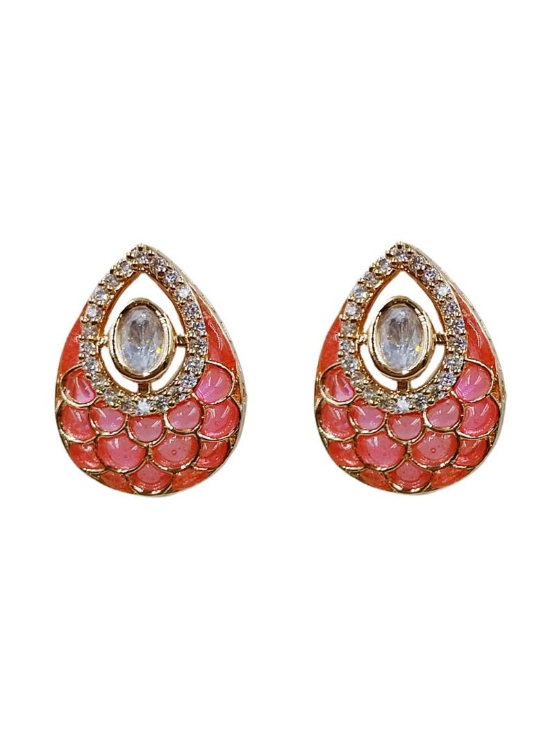 Women pink gold-plated ad-studded teardrop pendant with earrings jewellery set