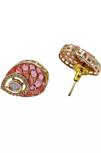 Women pink gold-plated ad-studded teardrop pendant with earrings jewellery set