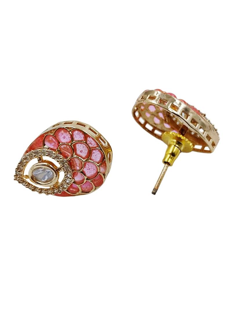 Women pink gold-plated ad-studded teardrop pendant with earrings jewellery set