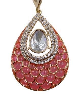 Women pink gold-plated ad-studded teardrop pendant with earrings jewellery set 5