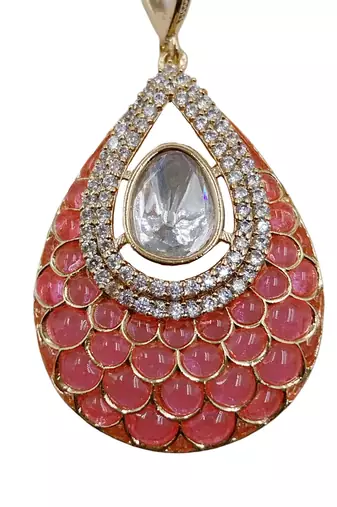Women pink gold-plated ad-studded teardrop pendant with earrings jewellery set