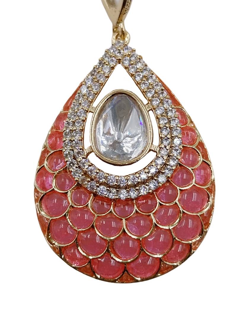 Women pink gold-plated ad-studded teardrop pendant with earrings jewellery set