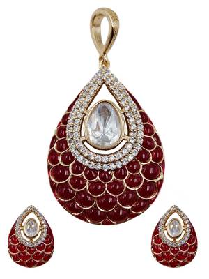Women ruby gold-plated ad-studded teardrop pendant with earrings jewellery set 1