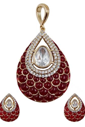 Women ruby gold-plated ad-studded teardrop pendant with earrings jewellery set