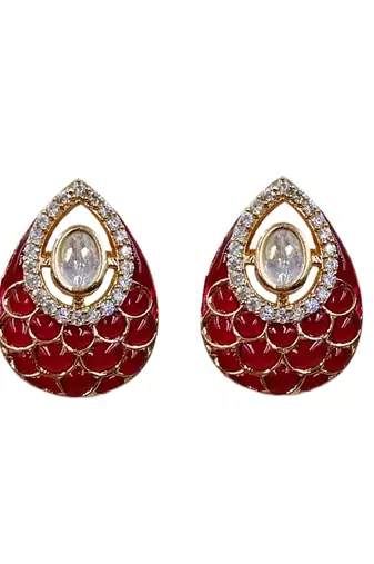 Women ruby gold-plated ad-studded teardrop pendant with earrings jewellery set