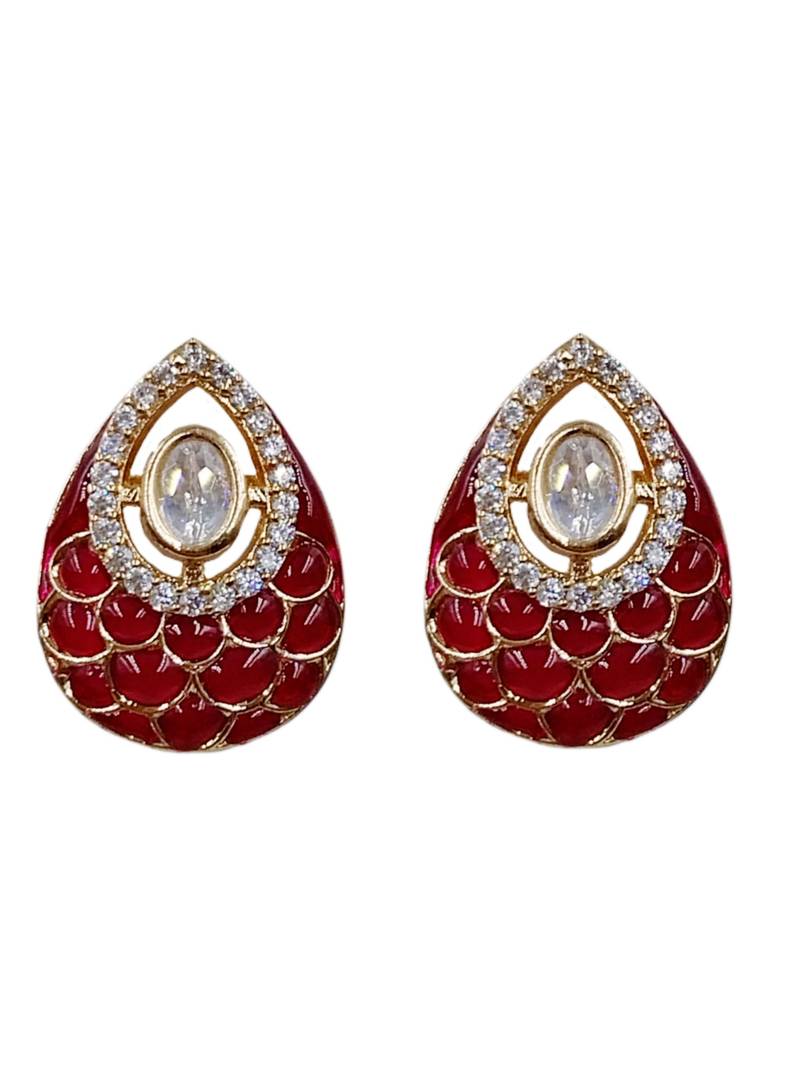 Women ruby gold-plated ad-studded teardrop pendant with earrings jewellery set