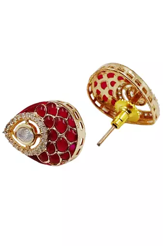 Women ruby gold-plated ad-studded teardrop pendant with earrings jewellery set