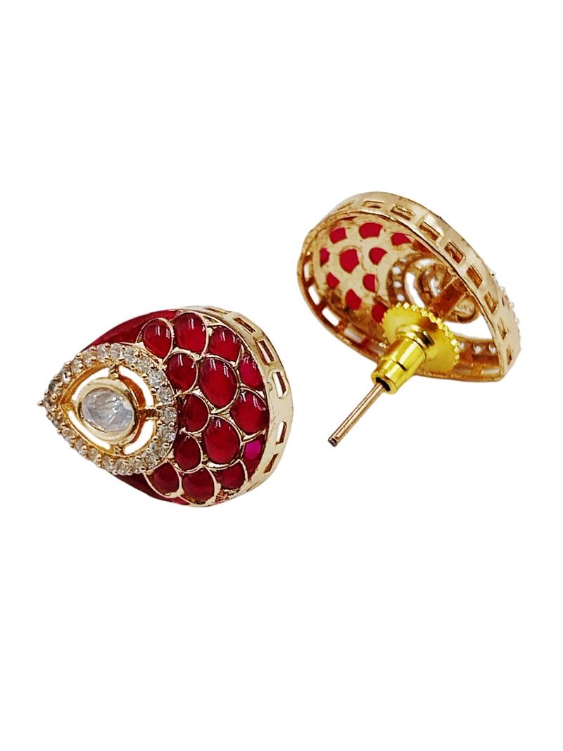 Women ruby gold-plated ad-studded teardrop pendant with earrings jewellery set