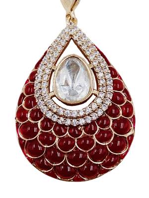 Women ruby gold-plated ad-studded teardrop pendant with earrings jewellery set 5