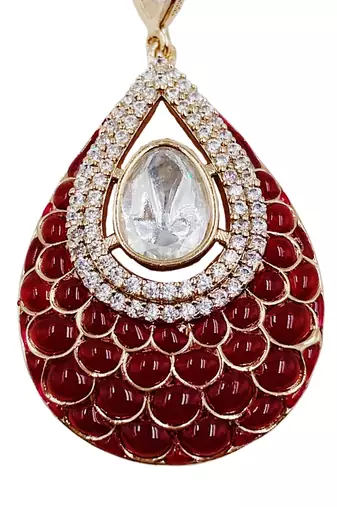 Women ruby gold-plated ad-studded teardrop pendant with earrings jewellery set