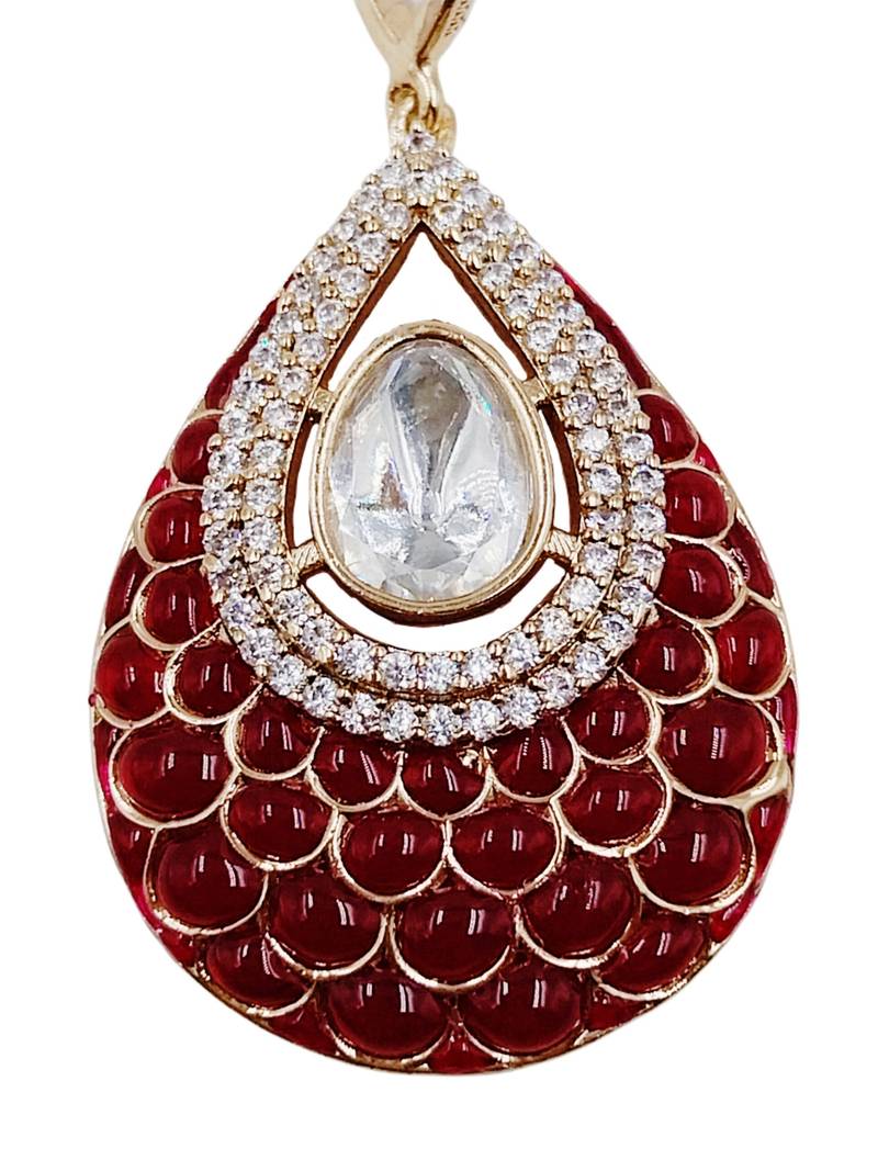 Women ruby gold-plated ad-studded teardrop pendant with earrings jewellery set