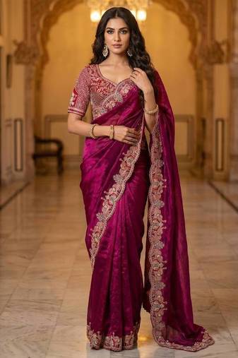 New Designer Soft Sartin With Beautiful Elephant Embroidery Work Saree With Blouse Set for Women's