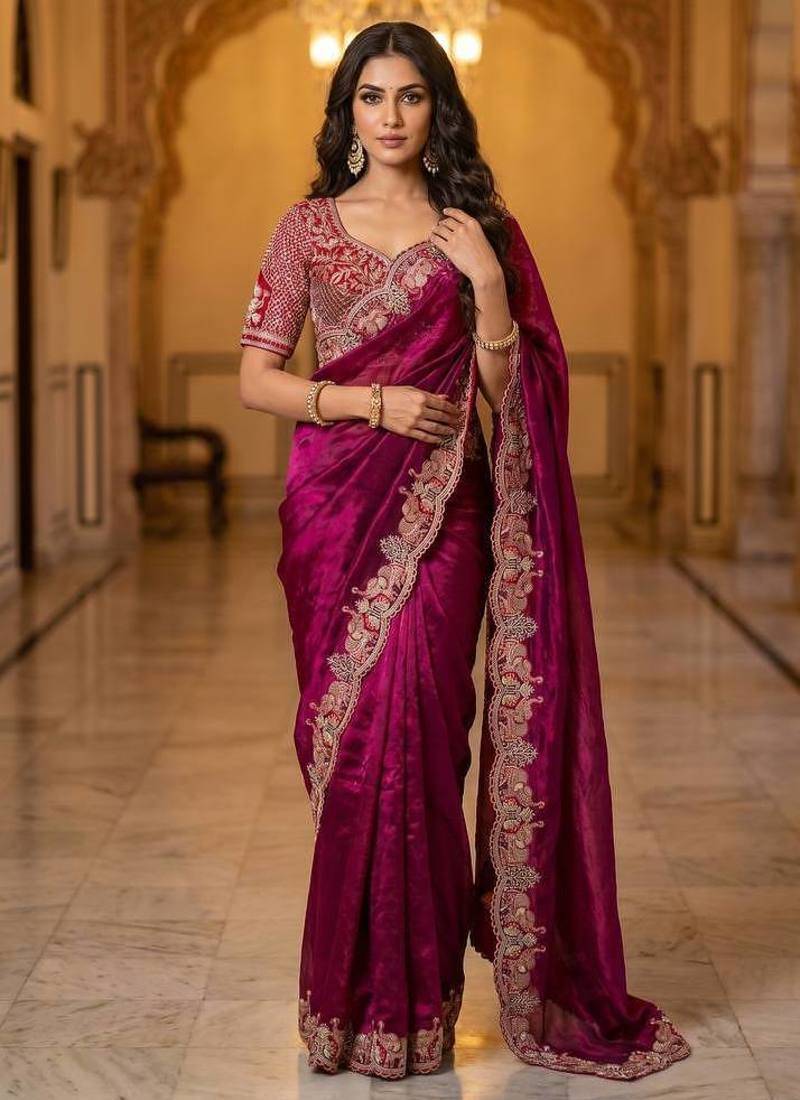 New Designer Soft Sartin With Beautiful Elephant Embroidery Work Saree With Blouse Set for Women's