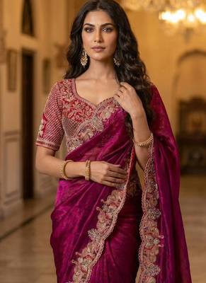 New Designer Soft Sartin With Beautiful Elephant Embroidery Work Saree With Blouse Set for Women's 2