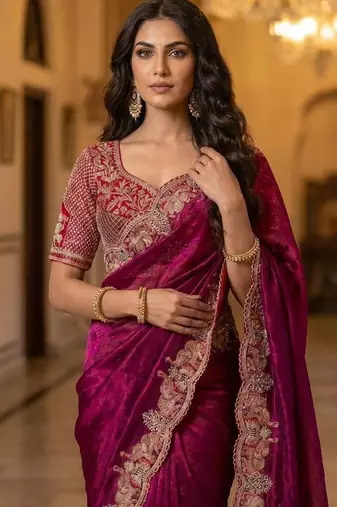 New Designer Soft Sartin With Beautiful Elephant Embroidery Work Saree With Blouse Set for Women's