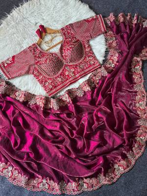 New Designer Soft Sartin With Beautiful Elephant Embroidery Work Saree With Blouse Set for Women's 3