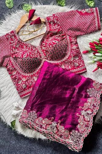 New Designer Soft Sartin With Beautiful Elephant Embroidery Work Saree With Blouse Set for Women's