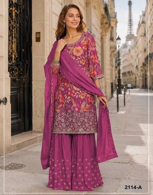 Rani pink chinon suit with embroidery & sequin work 1