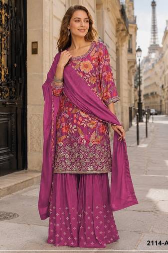 Rani pink chinon semi stitched suit with embroidery & sequence work