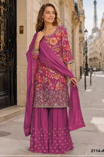 Rani pink chinon semi stitched suit with embroidery & sequence work