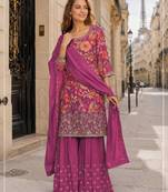 Rani pink chinon semi stitched suit with embroidery & sequence work