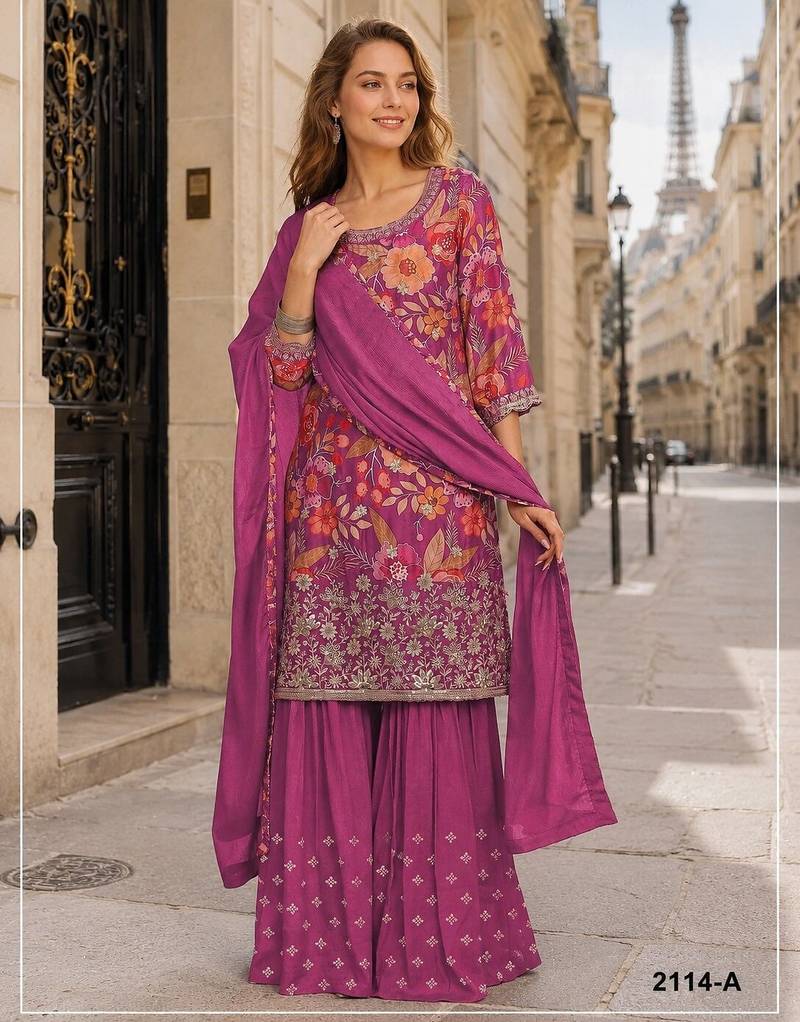 Rani pink chinon semi stitched suit with embroidery & sequence work