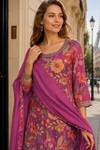 Rani pink chinon semi stitched suit with embroidery & sequence work