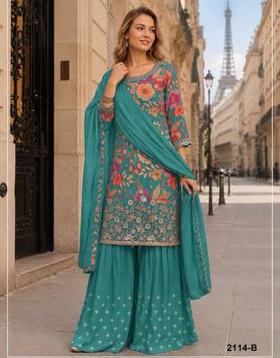Blue blue chinon suit with embroidery & sequin work 1