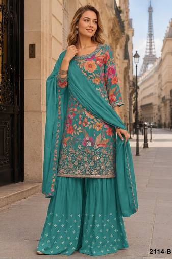 Blue blue chinon semi stitched suit with embroidery & sequence work