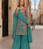 Blue blue chinon semi stitched suit with embroidery & sequence work