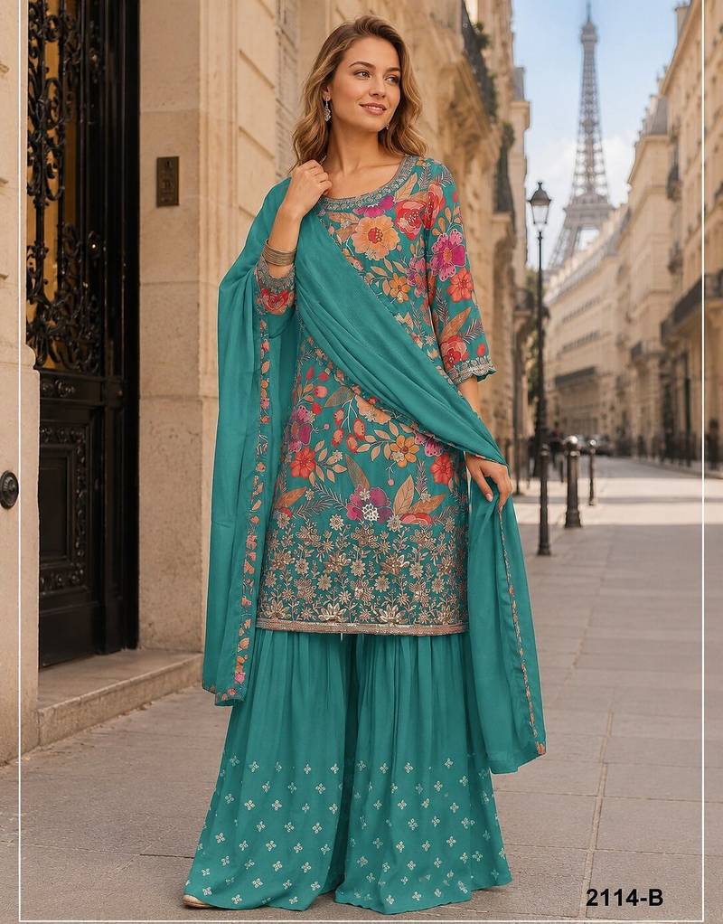 Blue blue chinon semi stitched suit with embroidery & sequence work