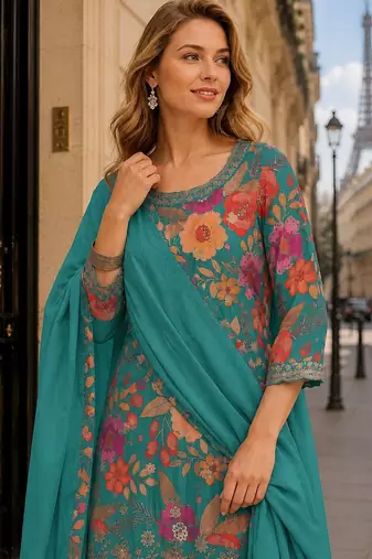 Blue blue chinon semi stitched suit with embroidery & sequence work
