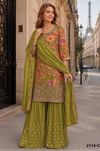 Mustard chinon semi stitched suit with embroidery & sequence work
