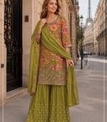 Mustard chinon semi stitched suit with embroidery & sequence work