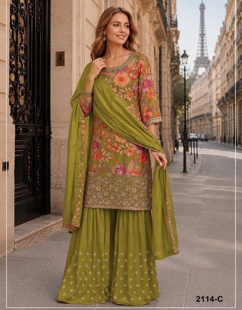 Mustard chinon semi stitched suit with embroidery & sequence work
