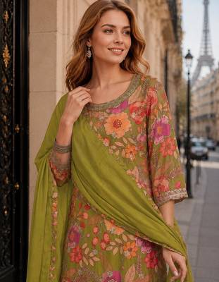 Mustard chinon suit with embroidery & sequin work 2