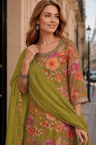 Mustard chinon semi stitched suit with embroidery & sequence work