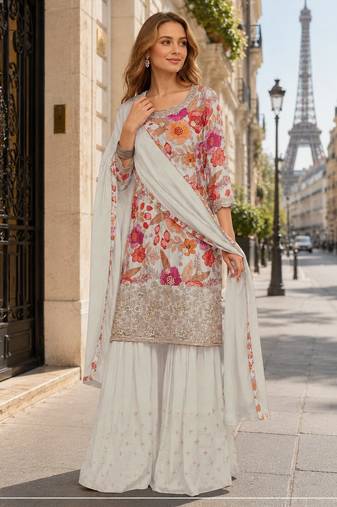 White chinon semi stitched suit with embroidery & sequence work