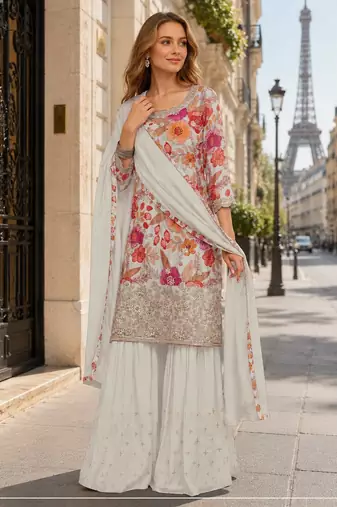 White chinon semi stitched suit with embroidery & sequence work