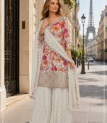 White chinon semi stitched suit with embroidery & sequence work
