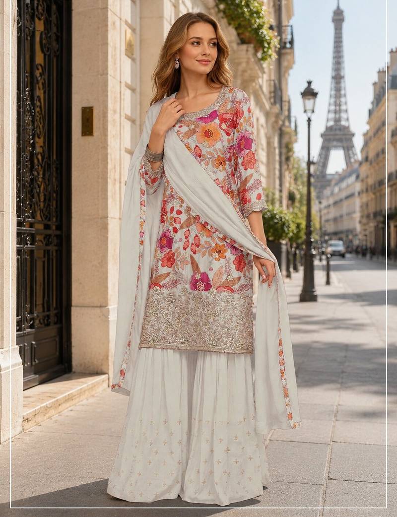 White chinon semi stitched suit with embroidery & sequence work