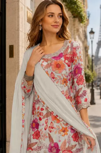 White chinon semi stitched suit with embroidery & sequence work