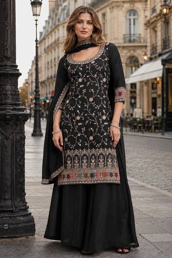 Black vichitra semi stitched suit with heavy embroidery work