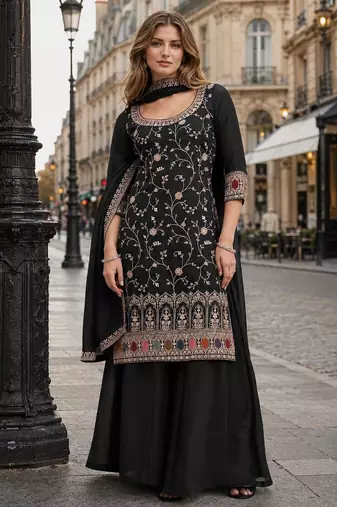 Black vichitra semi stitched suit with heavy embroidery work