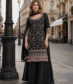 Black vichitra semi stitched suit with heavy embroidery work