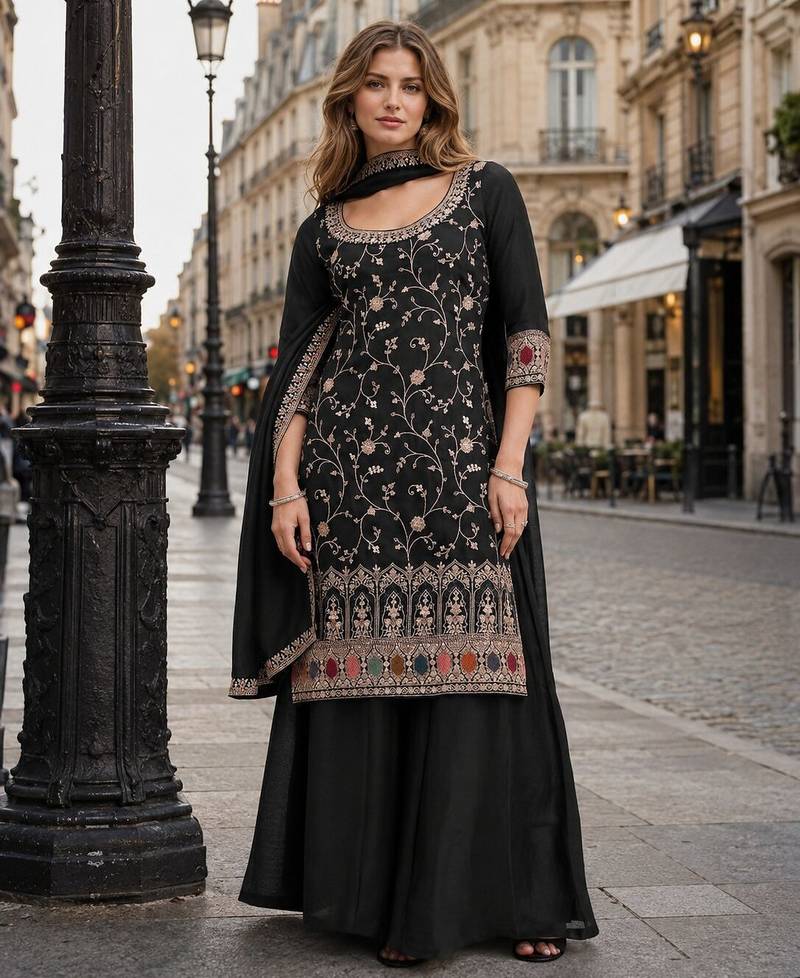 Black vichitra semi stitched suit with heavy embroidery work
