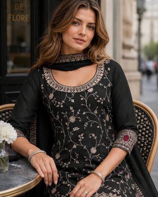 Black vichitra semi stitched suit with heavy embroidery work 2