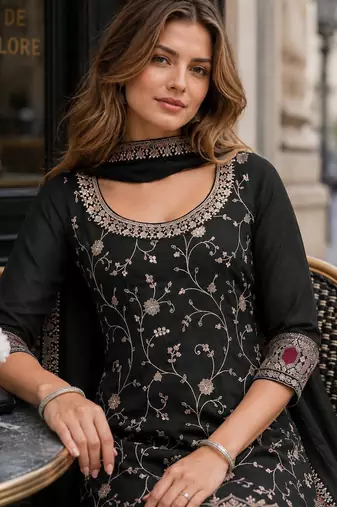 Black vichitra semi stitched suit with heavy embroidery work