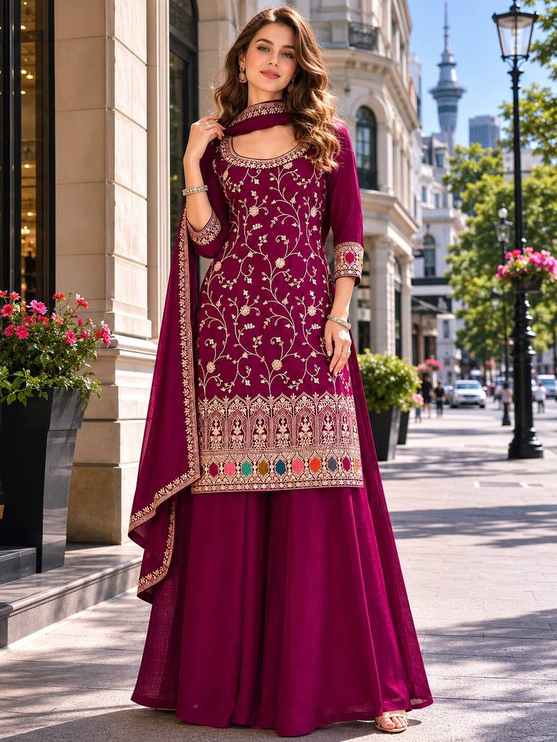 Maroom vichitra semi stitched suit with heavy embroidery work